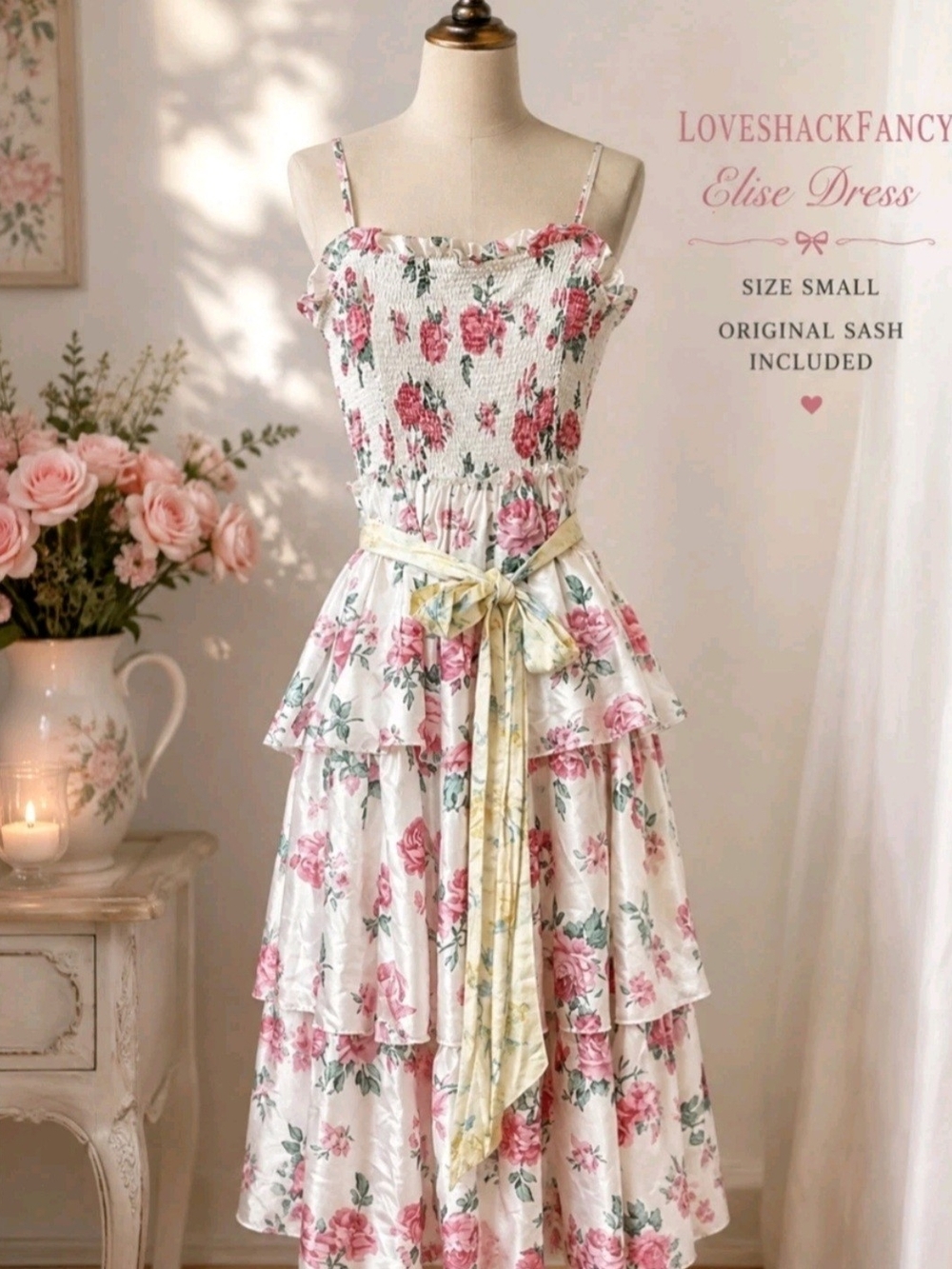 LoveShackFancy Elise Girls' Pink Floral Tiered Dress S